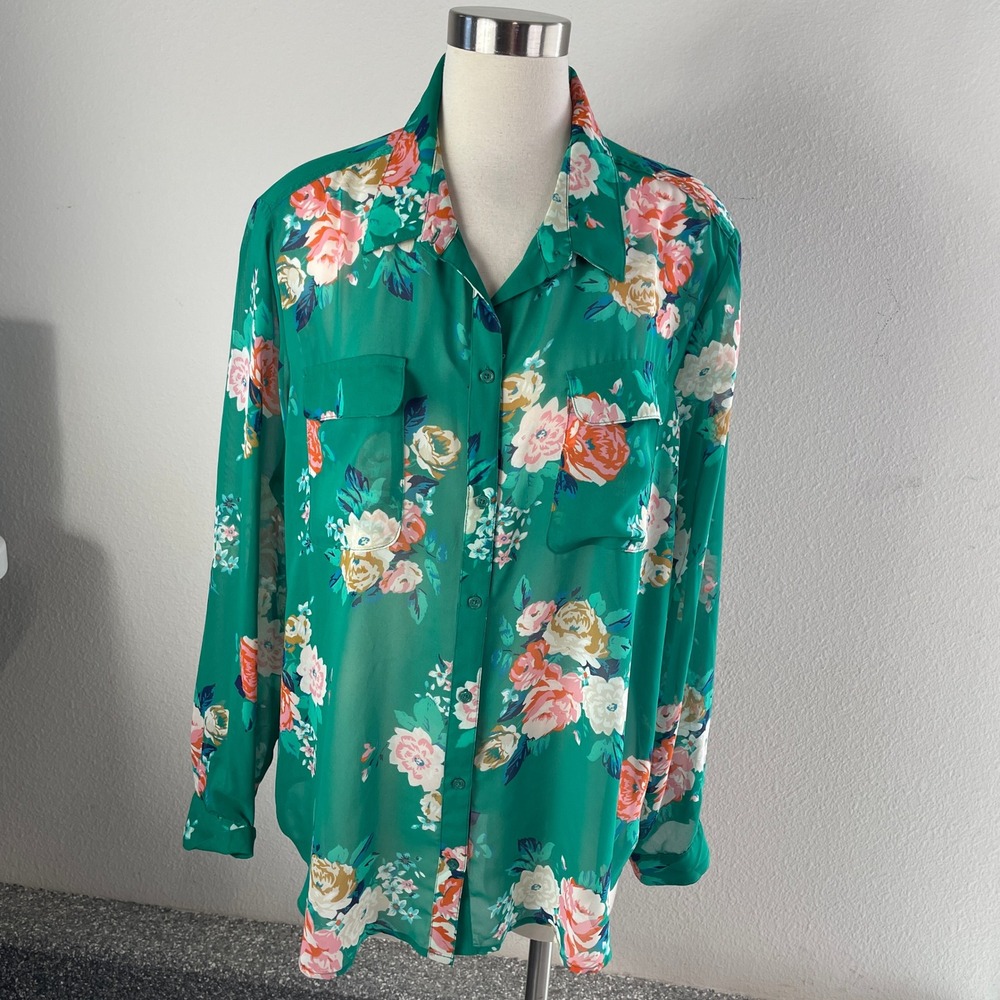 Old Navy Womens Plus XXL Green Floral Button Up Sheer Blouse Long Sleeve Top